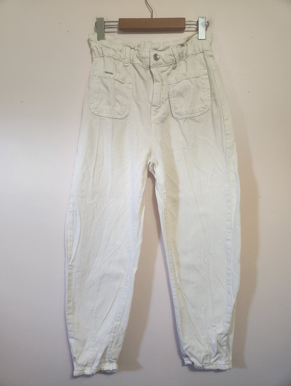 ZARA Ecru Paperbag High Rise Elastic Waist Baggy Tapered Patch Pocket Jeans 2